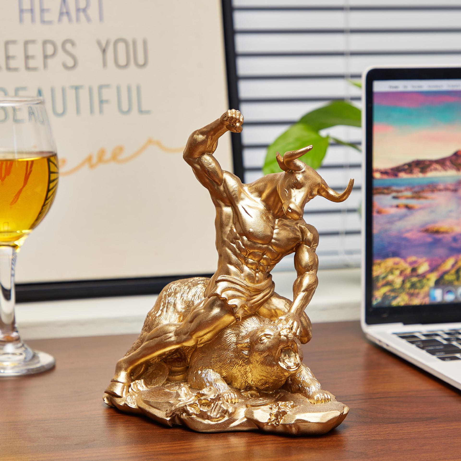Home Office With Bookshelves - Resin Animal Ornament Bull Bear Fight