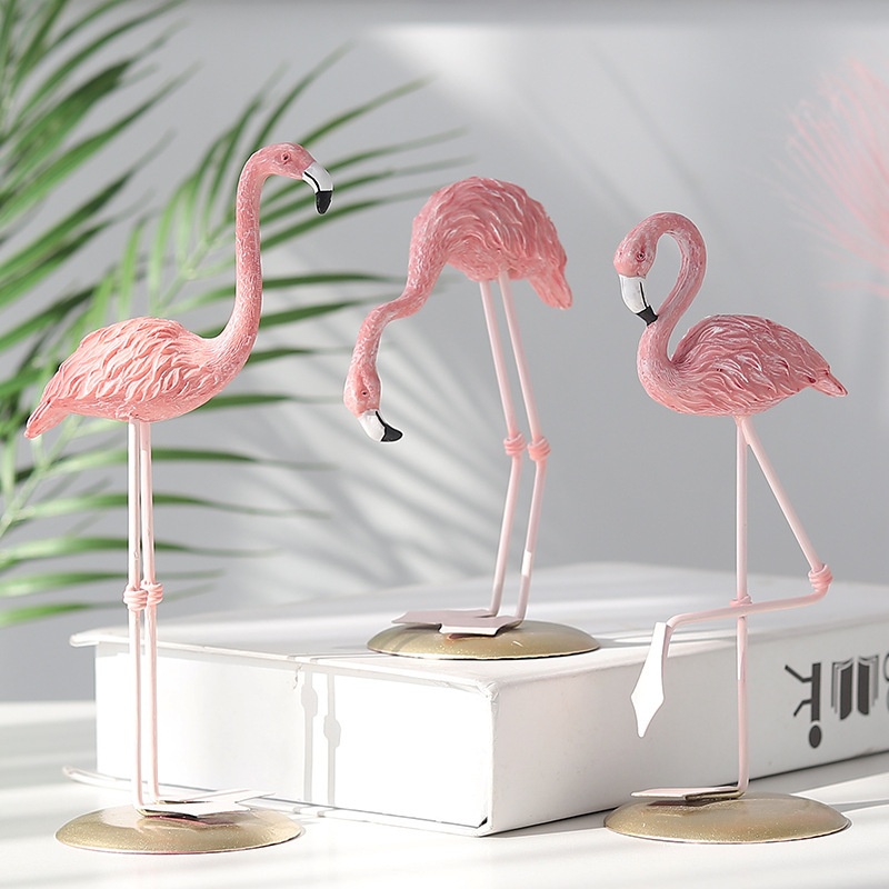 Home Office With Bookshelves - Nordic Wind Pink Flamingo Figurines Resin