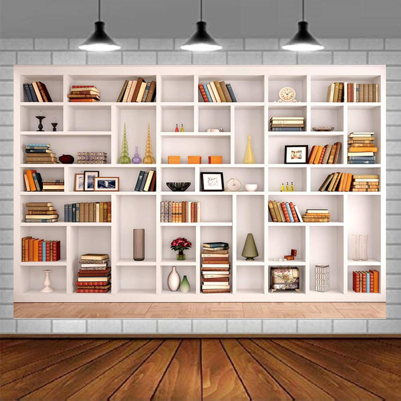 Home Office Zoom Background Free - White Bookshelf Photography Backdrop Bookcase Office