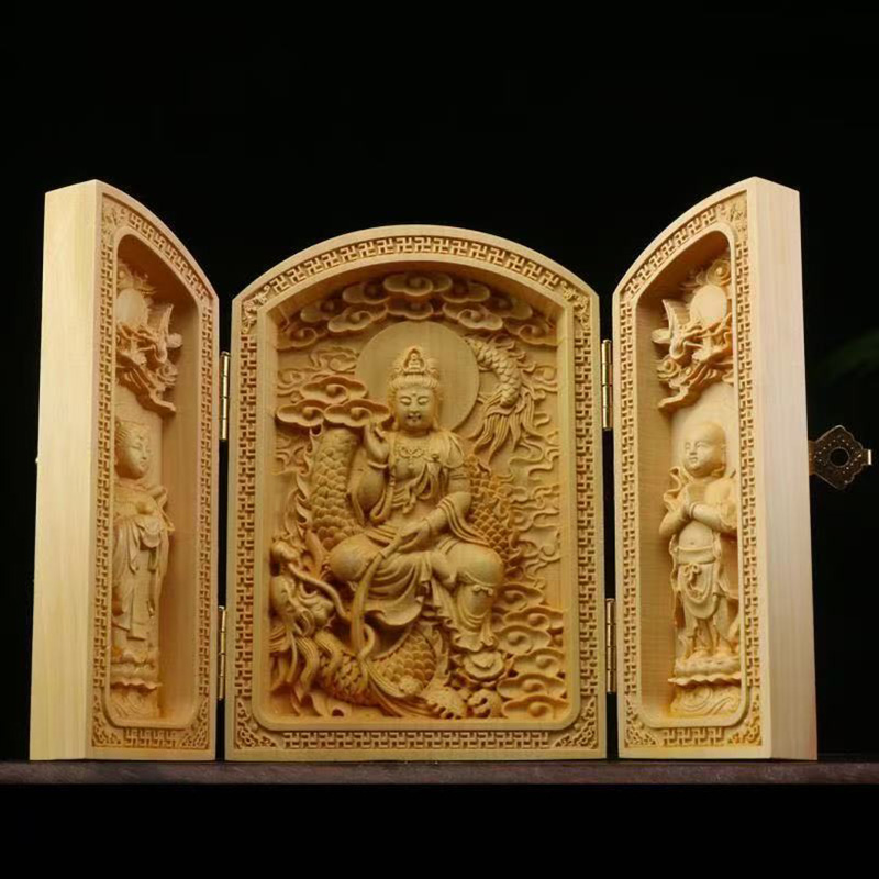 Home Office Feng Shui - wood carving Guanyin, God of Wealth